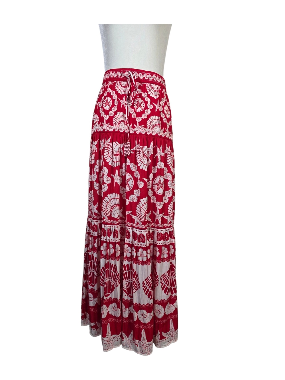 Rachel Zoe Women’s Red Shell printed Tiered Maxi Skirt w/ drawstring chord